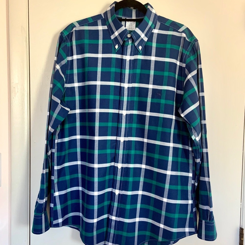 Men’s blue and green plaid Brooks Brothers shirt